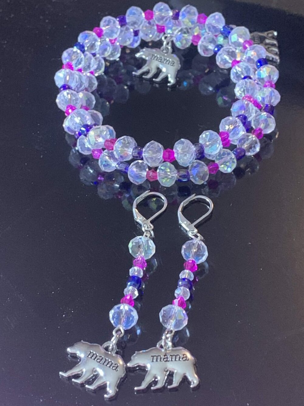 'Mama Bear' hand crafted glass coil bracelet and earrings set
